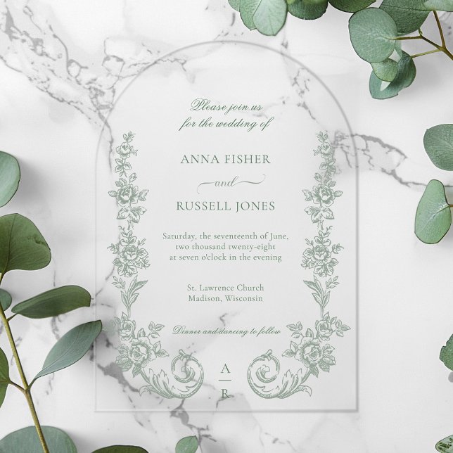 Invitations En Acrylique Elegant Sage Baroque Roses Wedding (Créateur téléchargé)