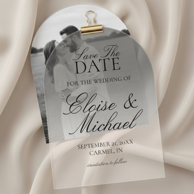 Invitations En Acrylique Élégant Script Black Gradient Enregistrer La Date (Invite guests to mark their calendars with this Elegant Script Gradient Wedding Acrylic Invitation!)