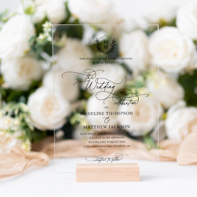Invitations En Acrylique Élégant Script Floral Crest Monogram Mariage (Créateur téléchargé)