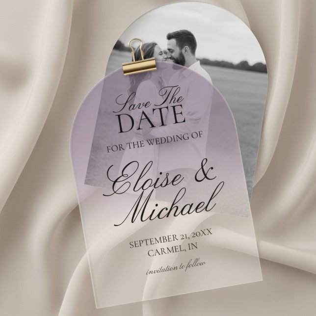 Invitations En Acrylique Élégant Script Lavande Dégradé Enregistrer La Date (Invite guests to mark their calendars with this Elegant Script Gradient Wedding Acrylic Invitation!)