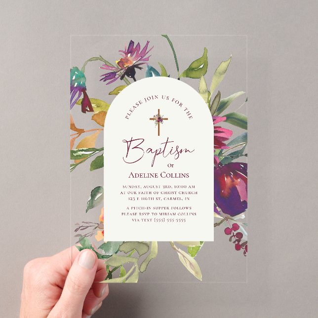Invitations En Acrylique Élégant Script Moderne Baptême Floral Bourgogne (In situ (ordinateur de poche))