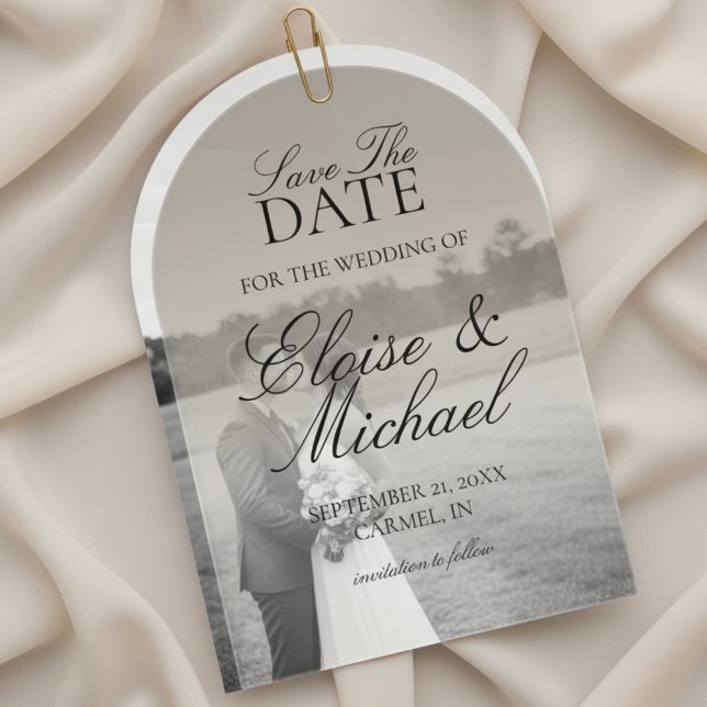 Invitations En Acrylique Élégant Script Neutre Tan Gradient Enregistrer La  (Invite guests to mark their calendars with this Elegant Script Gradient Wedding Acrylic Invitation!)