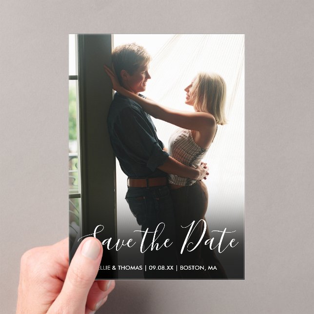 Invitations En Acrylique Élégant Script Photo Wedding Enregistrer La Date (In situ (ordinateur de poche))