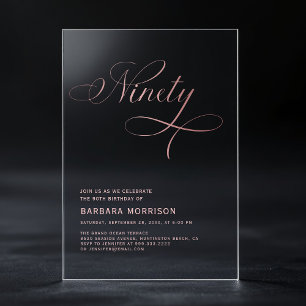 Invitations En Acrylique Élégant Script Quatre-Vingt-Dix Rose Gold 90e Anni