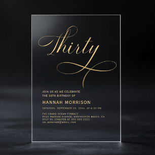 Invitations En Acrylique Élégant Script Thirty Noir Or 30e Anniversaire