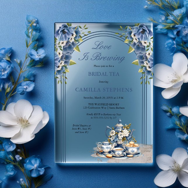 Invitations En Acrylique Elégant Set Floral Tea Set Bridal Tea Douche (Elegant Blue Floral Tea Set Bridal Tea Shower Acrylic Invitations)