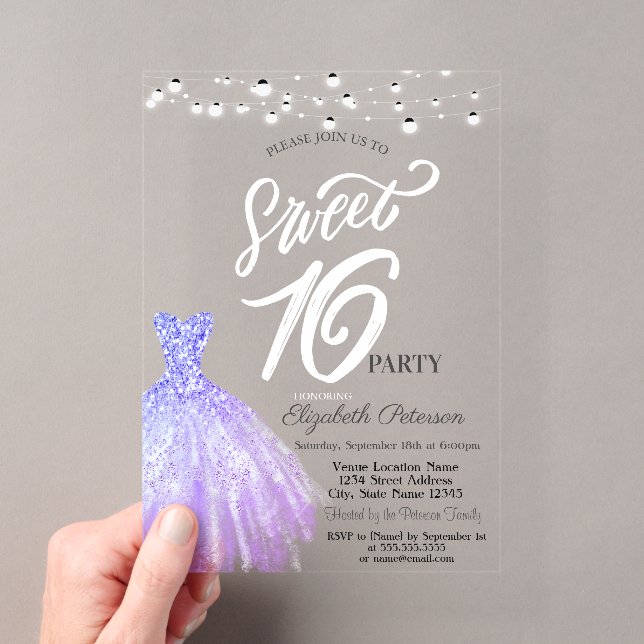 Invitations En Acrylique Élégant String Lumières Violet Robe Douce 16 (In situ (ordinateur de poche))