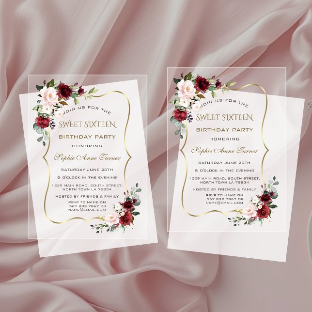 Invitations En Acrylique Elégant Sweet sixteen de fleurs de Bourgogne or (Créateur téléchargé)