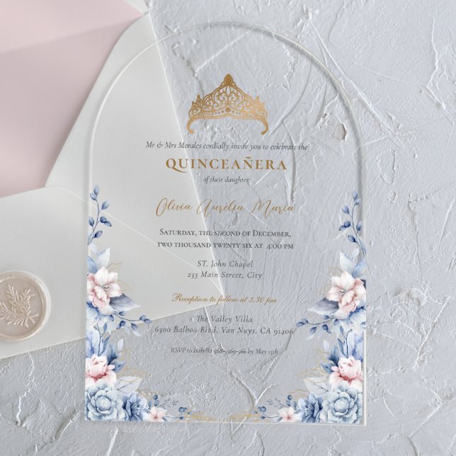 Invitations En Acrylique Elégant Tiara Gold Blue roses Quinceañera (Créateur téléchargé)