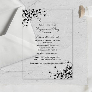 Invitations En Acrylique Élégant tourbillons Black & White Engagement Party