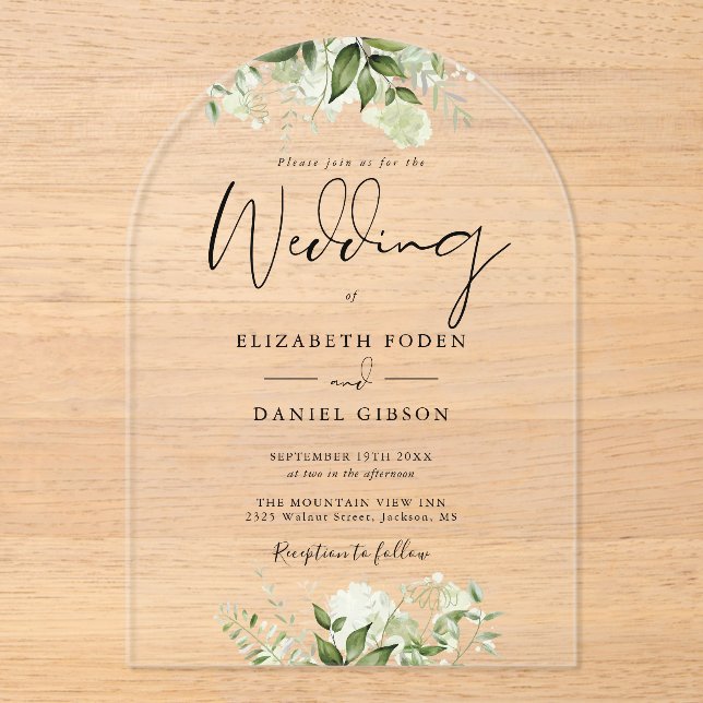 Invitations En Acrylique Elégant Vert Moderne Arc Mariage Floral (Recto)