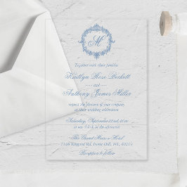 Invitations En Acrylique Elegant Vintage Blue Toile Monogram Wedding