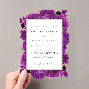 Invitations En Acrylique Élégant violet et Rose or Mariage clair