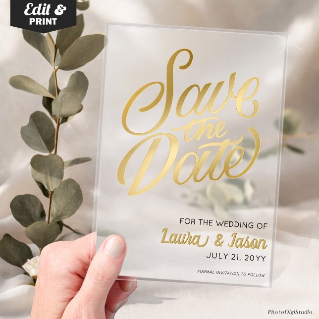 Invitations En Acrylique Elegant Wedding Save the Date Gold Text Frosted  (Custom Elegant Wedding Save the Date Gold  Text Frosted Acrylic Invitations)