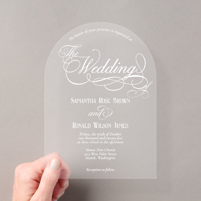 Invitations En Acrylique Elegant White Calligraphy Text Clear Wedding  (In situ (ordinateur de poche))