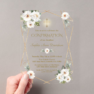 Invitations En Acrylique Elegant White Flowers Gold Cross Confirmation