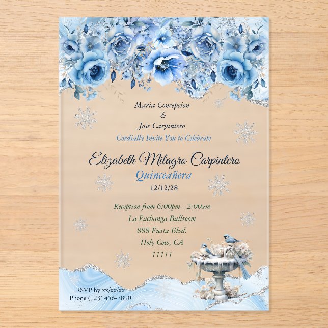 Invitations En Acrylique Elegant Winter Wonderland Quinceañera Snowflakes (Recto)
