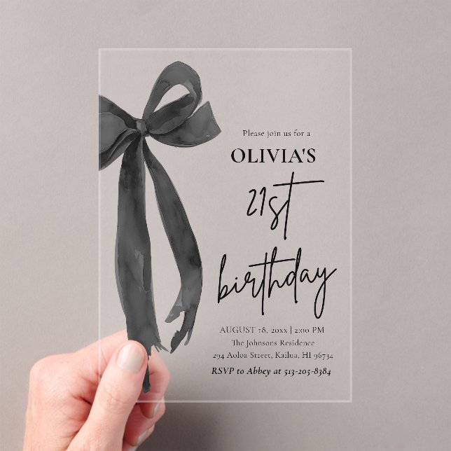 Invitations En Acrylique Elégante aquarelle Black Bow 21e fête d'anniversai (In situ (ordinateur de poche))