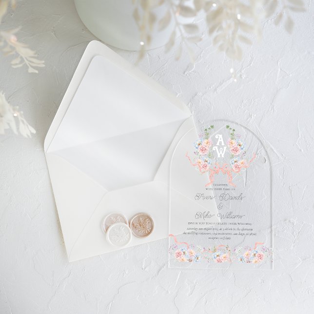 Invitations En Acrylique Elégante aquarelle Floral Crest Monogramme Mariage (Créateur téléchargé)