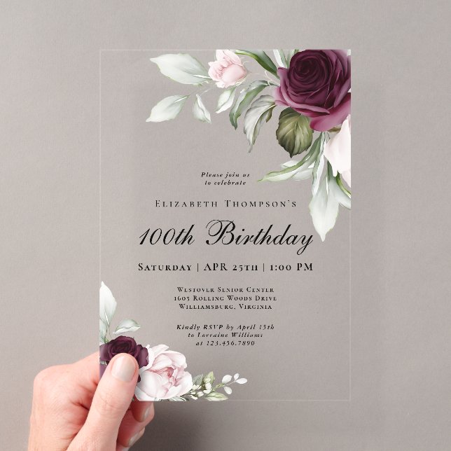 Invitations En Acrylique Elégante aquarelle florale 100e anniversaire (In situ (ordinateur de poche))