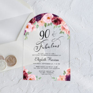 Invitations En Acrylique Elégante aquarelle florale 90e anniversaire de fêt