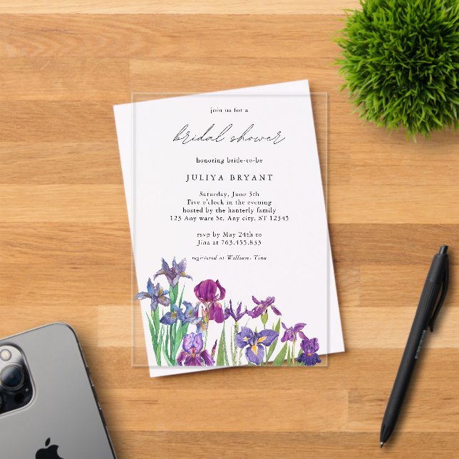 Invitations En Acrylique Elégante aquarelle Iris fleur nuptiale douche (Insitu (Carte d'invitation))