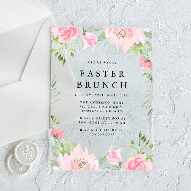 Invitations En Acrylique Elégante aquarelle rose Floral Brunch de Pâques (Créateur téléchargé)