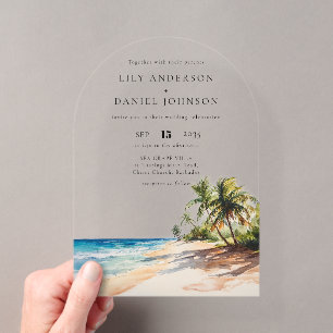 Invitations En Acrylique Elégante aquarelle Tropical Beach Wedding Arch