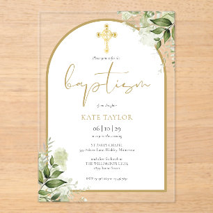Invitations En Acrylique Elégante Arche de Verdure Florale en Or pour Baptê
