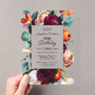 Invitations En Acrylique Elégante automne floral 90e anniversaire fête