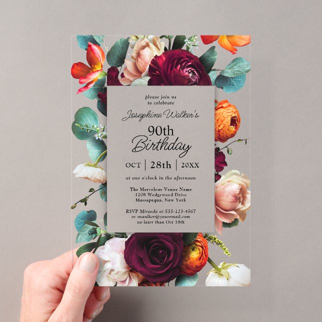 Invitations En Acrylique Elégante automne floral 90e anniversaire fête (In situ (ordinateur de poche))