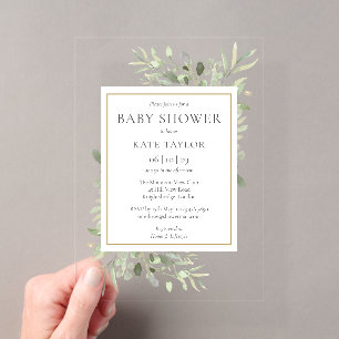 Invitations En Acrylique Élégante Baby Shower Sprinkle Aquarelle Verdure