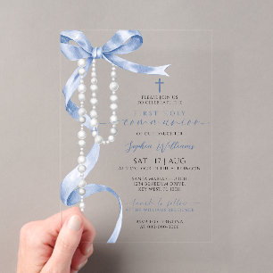 Invitations En Acrylique Elégante Bleue Bow & Rosaire Première Sainte Commu