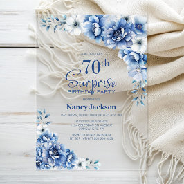 Invitations En Acrylique Elégante Blue Floral Surprise 70e fête d'anniversa