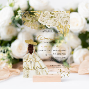 Invitations En Acrylique Elégante Charra Quinceañera en or d'ivoire floral