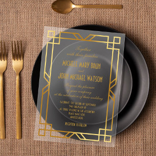 Invitations En Acrylique Élégante Classe Mariage Transparent Art Déco Or