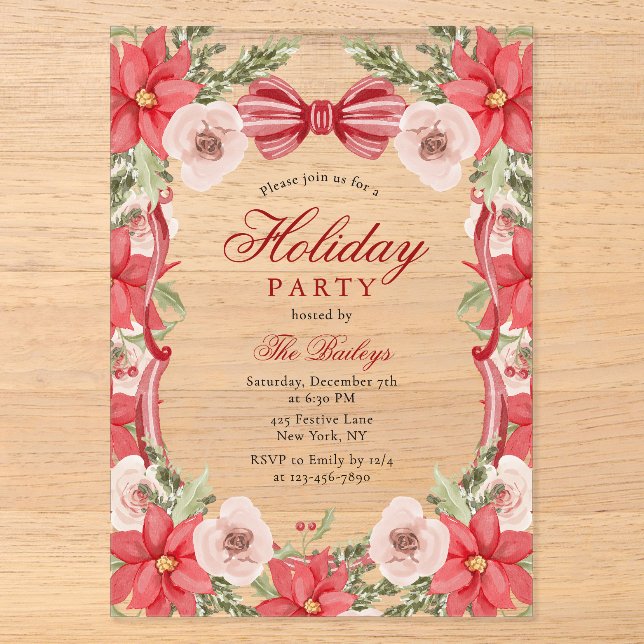 Invitations En Acrylique Élégante Coquette Fête de Noël Florale (Recto)