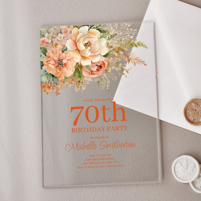 Invitations En Acrylique Elégante Crème de Pêche Florale 70e anniversaire (Peach and cream-colored watercolor floral clear acrylic card.)