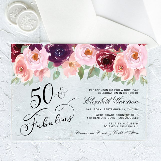 Invitations En Acrylique Élégante fête d'anniversaire Floral Bourgogne rose (Créateur téléchargé)