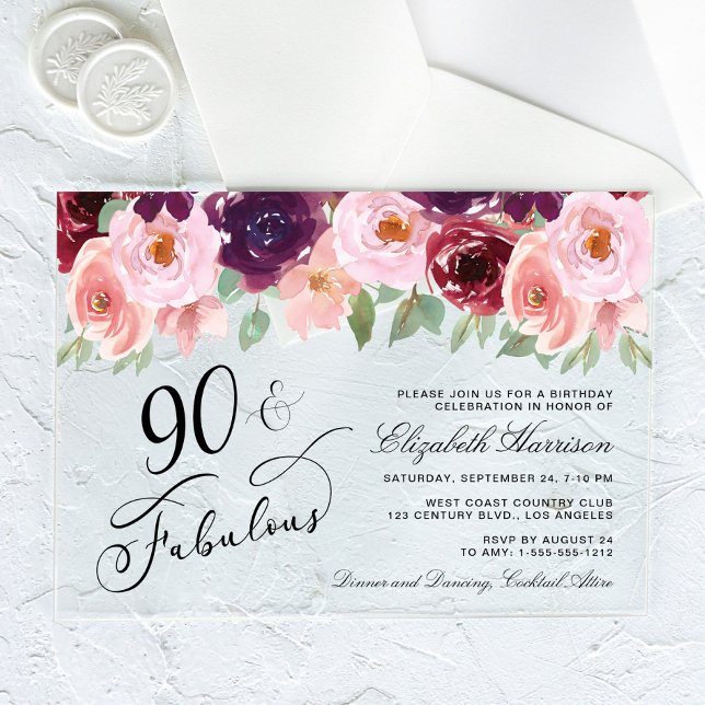 Invitations En Acrylique Elégante fête d'anniversaire Floral Bourgogne rose (Créateur téléchargé)