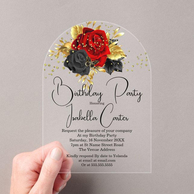 Invitations En Acrylique Élégante fête d'anniversaire Rouge Or Black Flower (Créateur téléchargé)