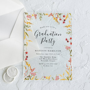 Invitations En Acrylique Élégante fête de graduation florale rouge et jaune