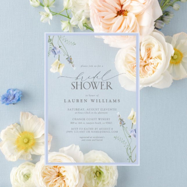 Invitations En Acrylique Elégante Fête des mariées Fleur sauvage bleu Dusty (Créateur téléchargé)