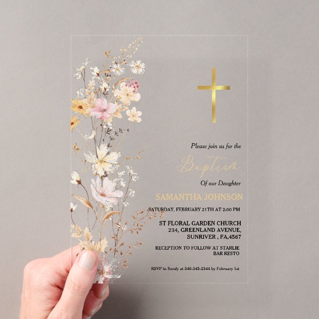 Invitations En Acrylique Élégante Fleur sauvage Baptême Baptême Christening (In situ (ordinateur de poche))