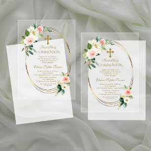 Invitations En Acrylique Elégante Fleurs de Blush Gold Première Communion S