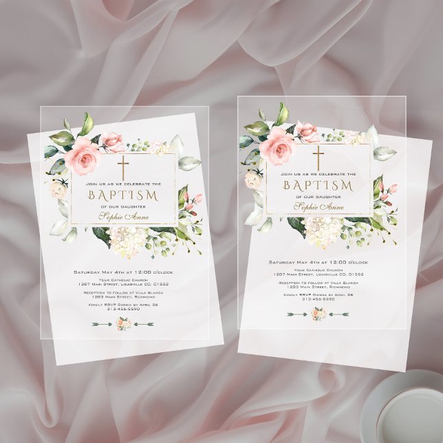 Invitations En Acrylique Élégante Fleurs Roses Gold Frame Girl Baptism (Créateur téléchargé)