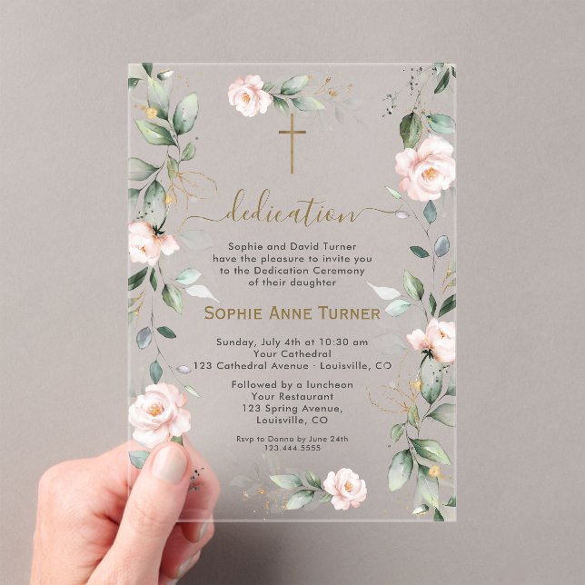 Invitations En Acrylique Élégante Fleurs Roses Verdure Or Dedication (In situ (ordinateur de poche))