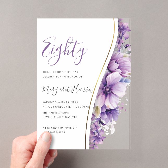 Invitations En Acrylique Élégante Fleurs violettes 80e anniversaire 80 (In situ (ordinateur de poche))