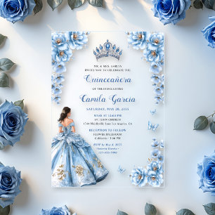 Invitations En Acrylique Elégante Floral Dusty Blue Princess Quinceañera