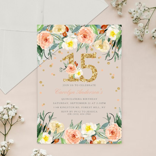 Invitations En Acrylique Elégante Floral Girls 15e anniversaire (Créateur téléchargé)